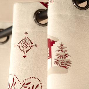 Rideau jacquard d’ameublement avec motifs chalets et cœurs - Rouge