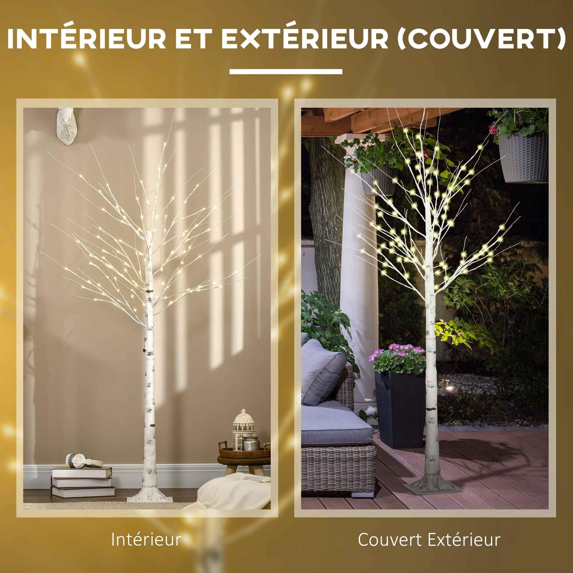 Arbre lumineux LED bouleau - décoration lumineuse - 96 LEDS blanc chaud - norme IP 44 - usage intérieur/extérieur - 1,8H m - métal PP blanc