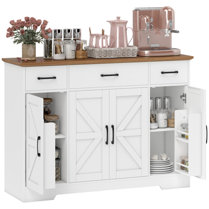Aparador de Cocina Rústico, Armario de Cocina con 4 Estantes de Puerta, 3 Cajones, Estantes Ajustables, Puerta con Cierre Suave, Mueble de TV para 48-55 Pulgadas, 120x38x87 cm, Blanco y Nogal