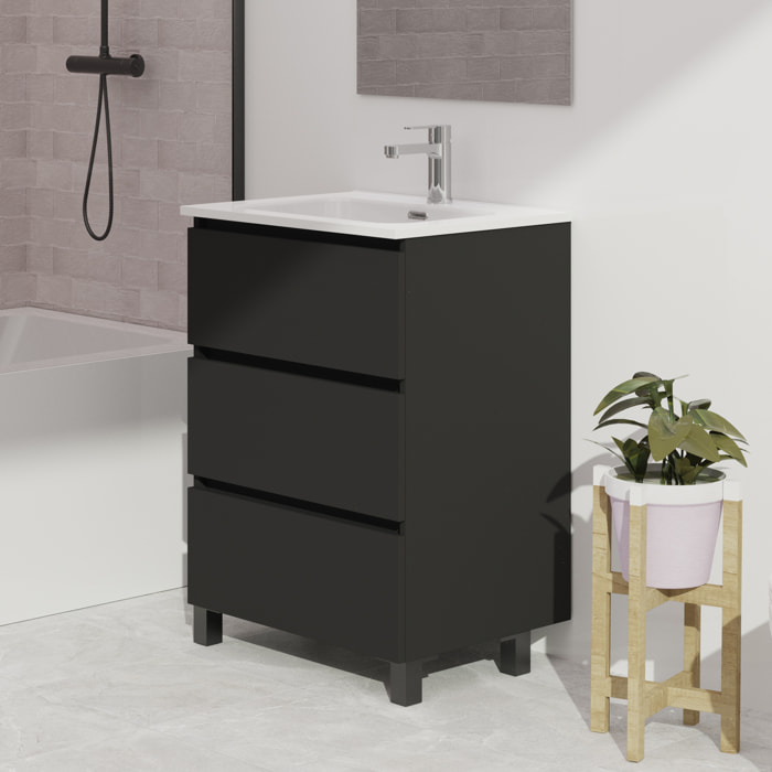 Ensemble De Salle De Bain Wink | 70 Cm Noir Mat | 3 Tiroirs | Vasque Ceramique | N'Inclut Pas Miroir | Mueble Montado | Alday