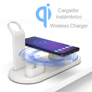 Base de carga 4 en 1 con carga inalámbrica QI, soporte giratorio con conexión lightning, micro USB y USB-C. Stand para Apple Watch y soporte con carga para Airpods.