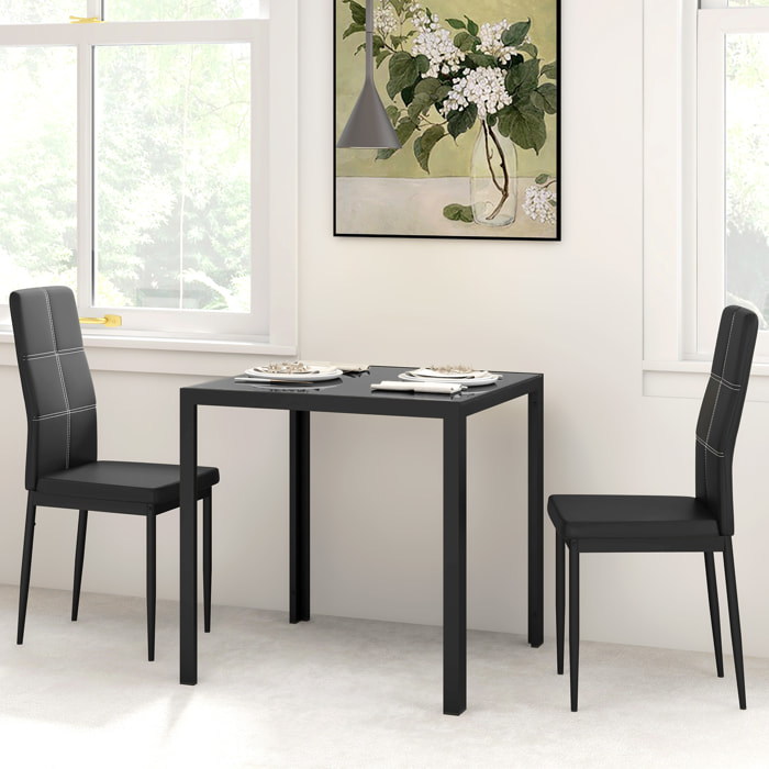 Ensemble table à manger carré et 2 chaises grand confort métal noir plateau verre trempé 8 mm