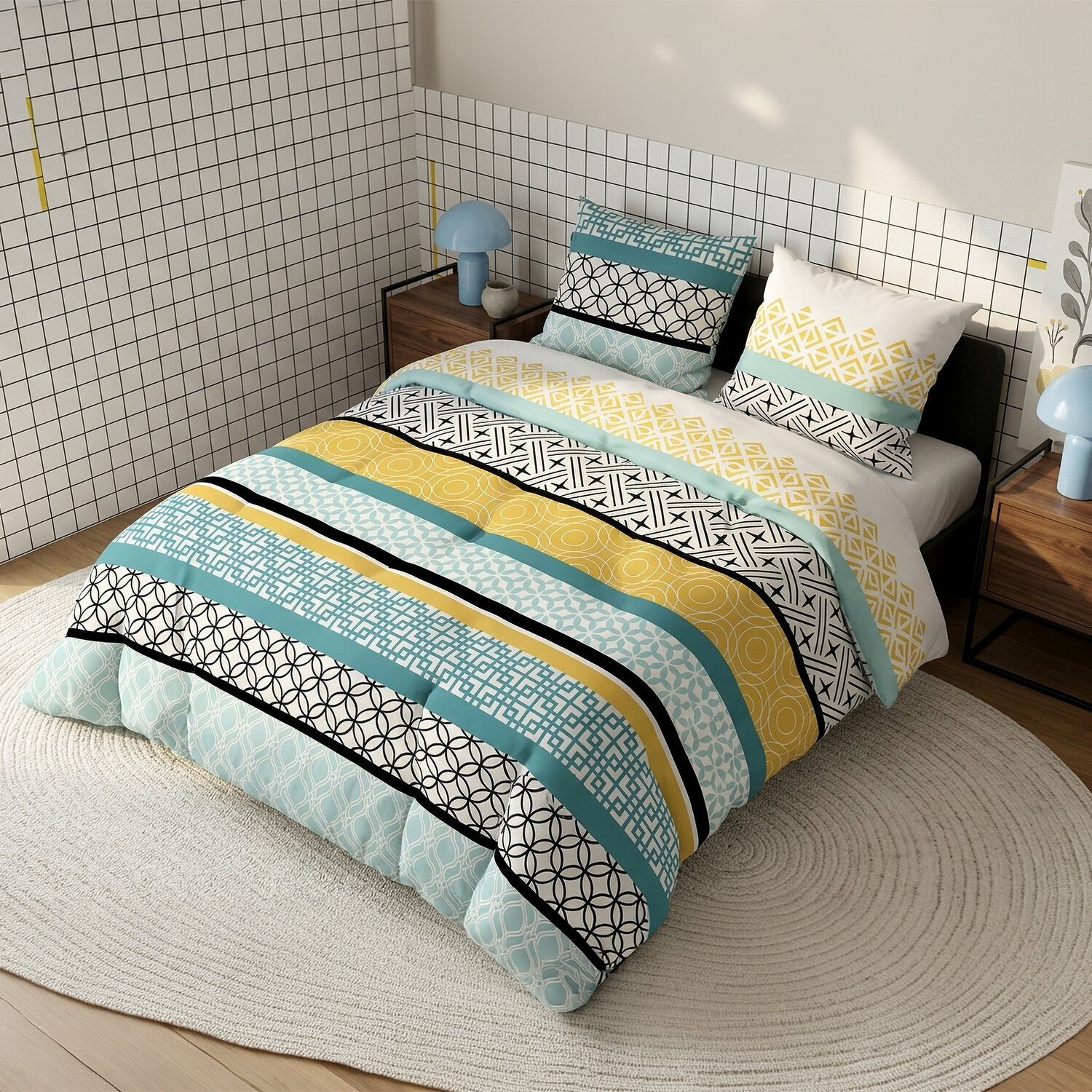 Parure housse de couette imprimé 100% coton - citedor - bleu