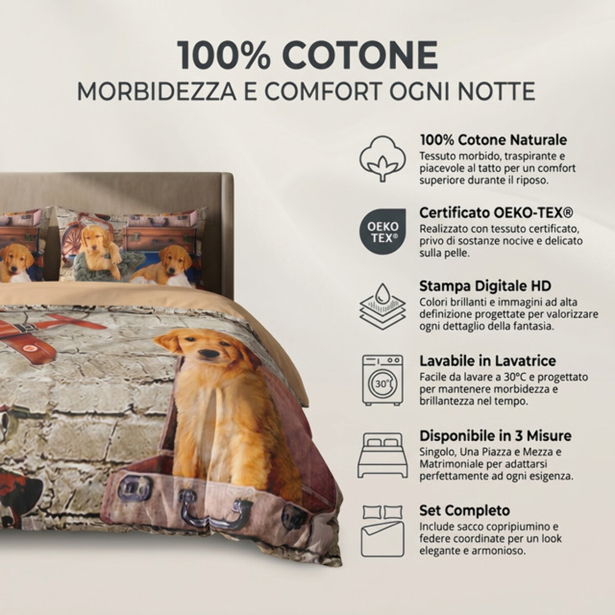 Parure Copripiumino in 100% Cotone con Federe Coordinate, Morbida e Traspirante, Certificata OEKO-TEX, Fantasie Moderne per Camera da Letto