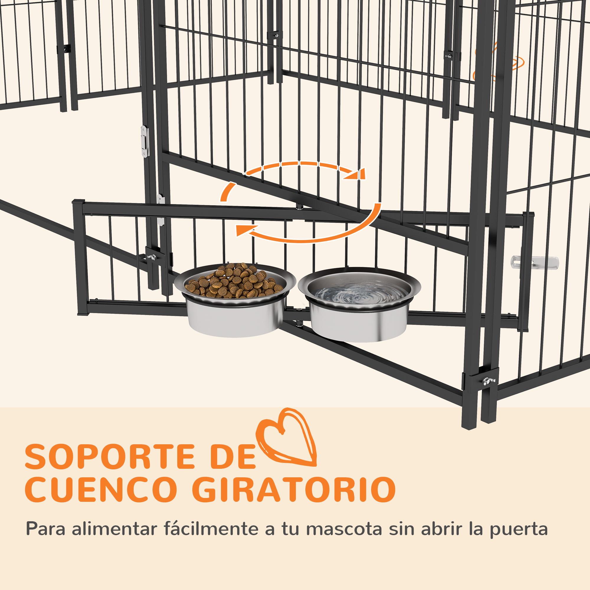 Perrera con Toldo Parque para Perros Metálica de Exterior con Soporte Giratorio para Comida 2 Cuencos para Patio Jardín Terraza 211x141x151 cm Negro