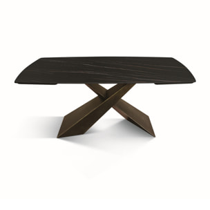 Tavolo FIGARI in vetroceramica matt golden nero con gambe a X in metallo bronzo, allungabile 180x90 cm - 260x90 cm