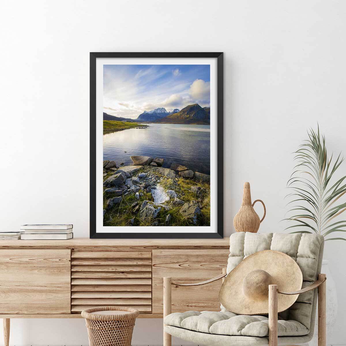 Affiche paysage lac glacière Affiche + cadre en bois - Noir