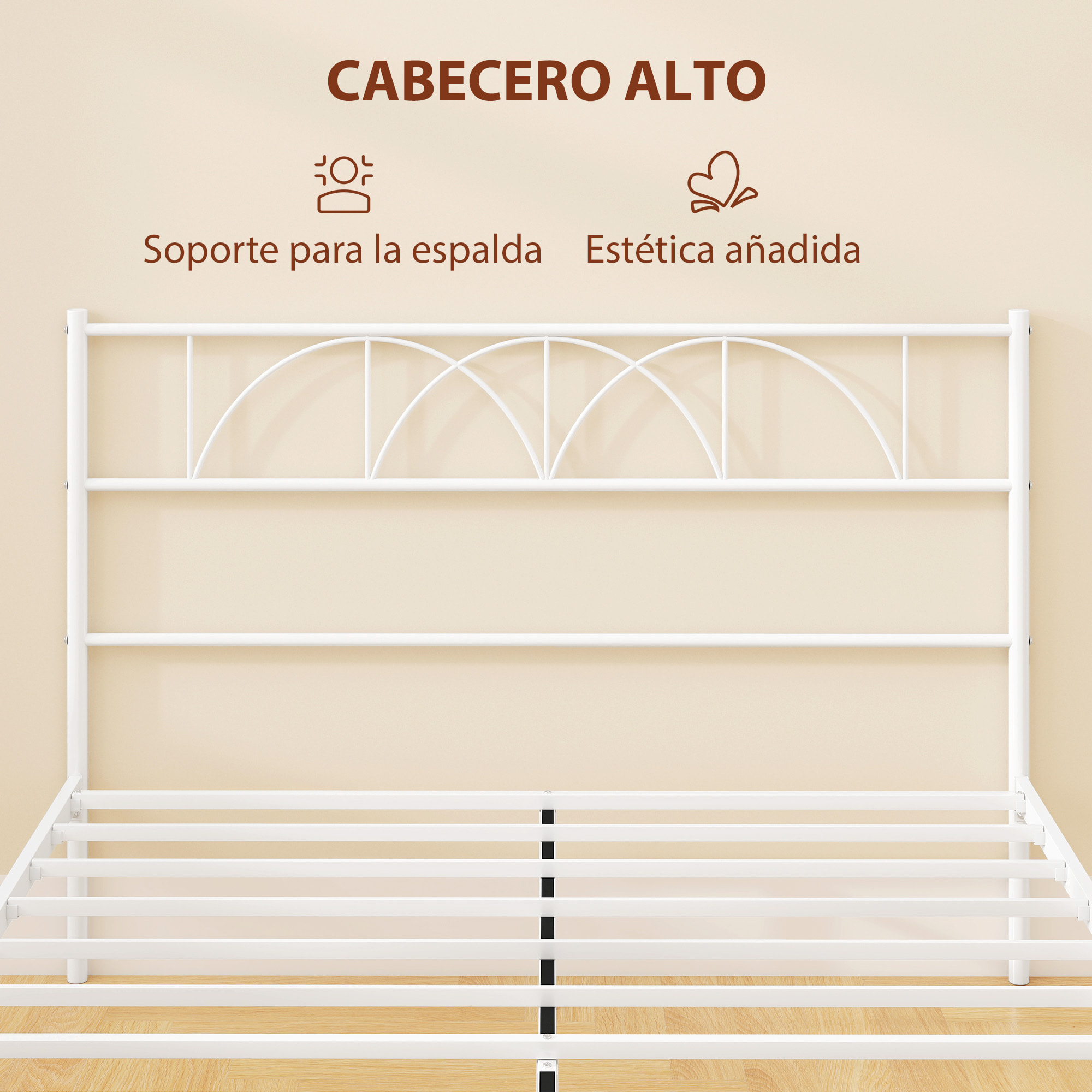 Cama Matrimonio, 140x190 cm, Estructura de Cama de Acero con Cabecero, Soporte de Listones de Acero, Espacio de Almacenamiento Debajo, Blanco