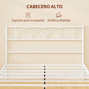 Cama Matrimonio, 140x190 cm, Estructura de Cama de Acero con Cabecero, Soporte de Listones de Acero, Espacio de Almacenamiento Debajo, Blanco