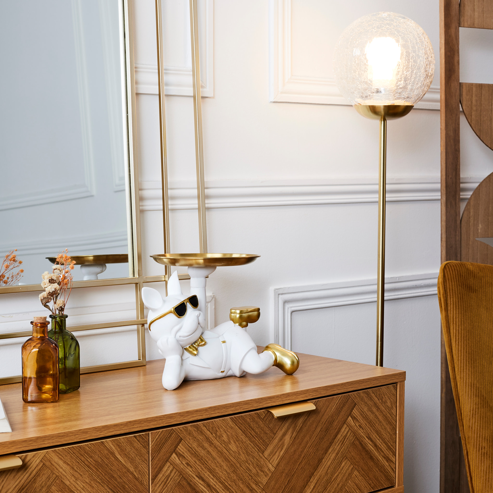 Statue Deco Bulldog Blanc Vide Poche
