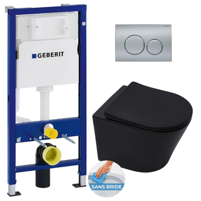 Pack WC Bati-support Geberit Duofix + WC sans bride SAT Infinitio Noir mat + Abattant frein de chute + Plaque chrome mat