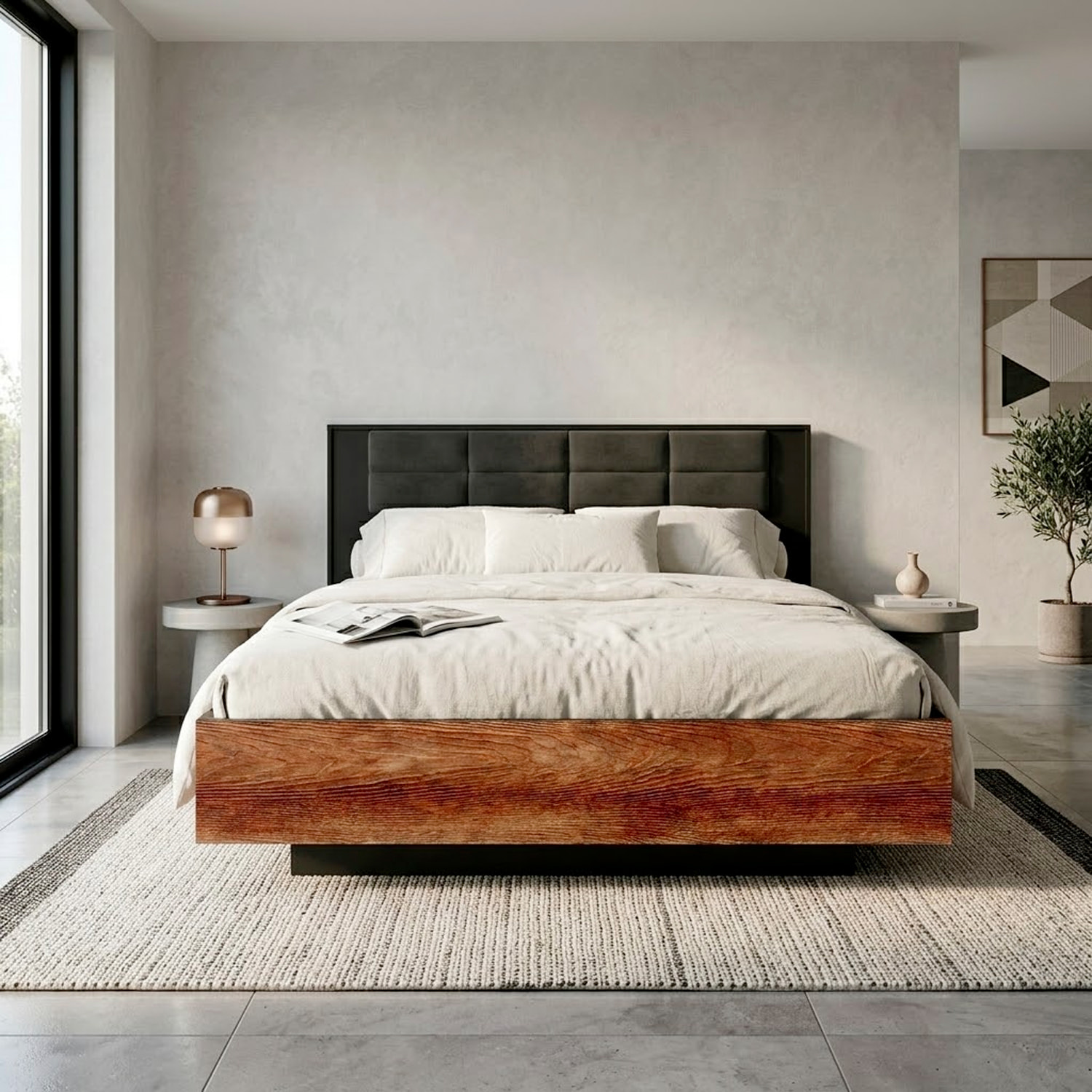 Testiera Imbottita E Struttura Letto Matrimoniale Con Contenitore Design Moderno Camera Da Letto 166.6 x 210 x 102 Cm Castagno E Antracite