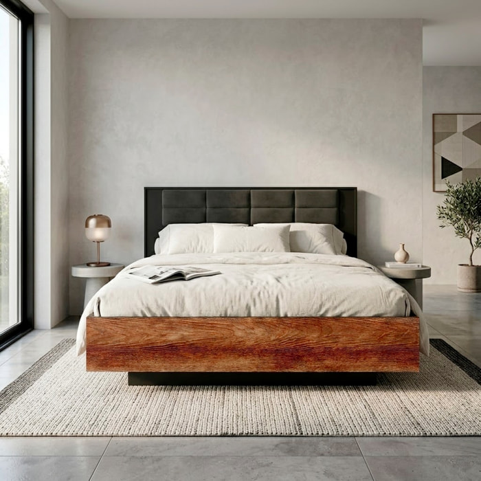 Testiera Imbottita E Struttura Letto Matrimoniale Con Contenitore Design Moderno Camera Da Letto 166.6 x 210 x 102 Cm Castagno E Antracite