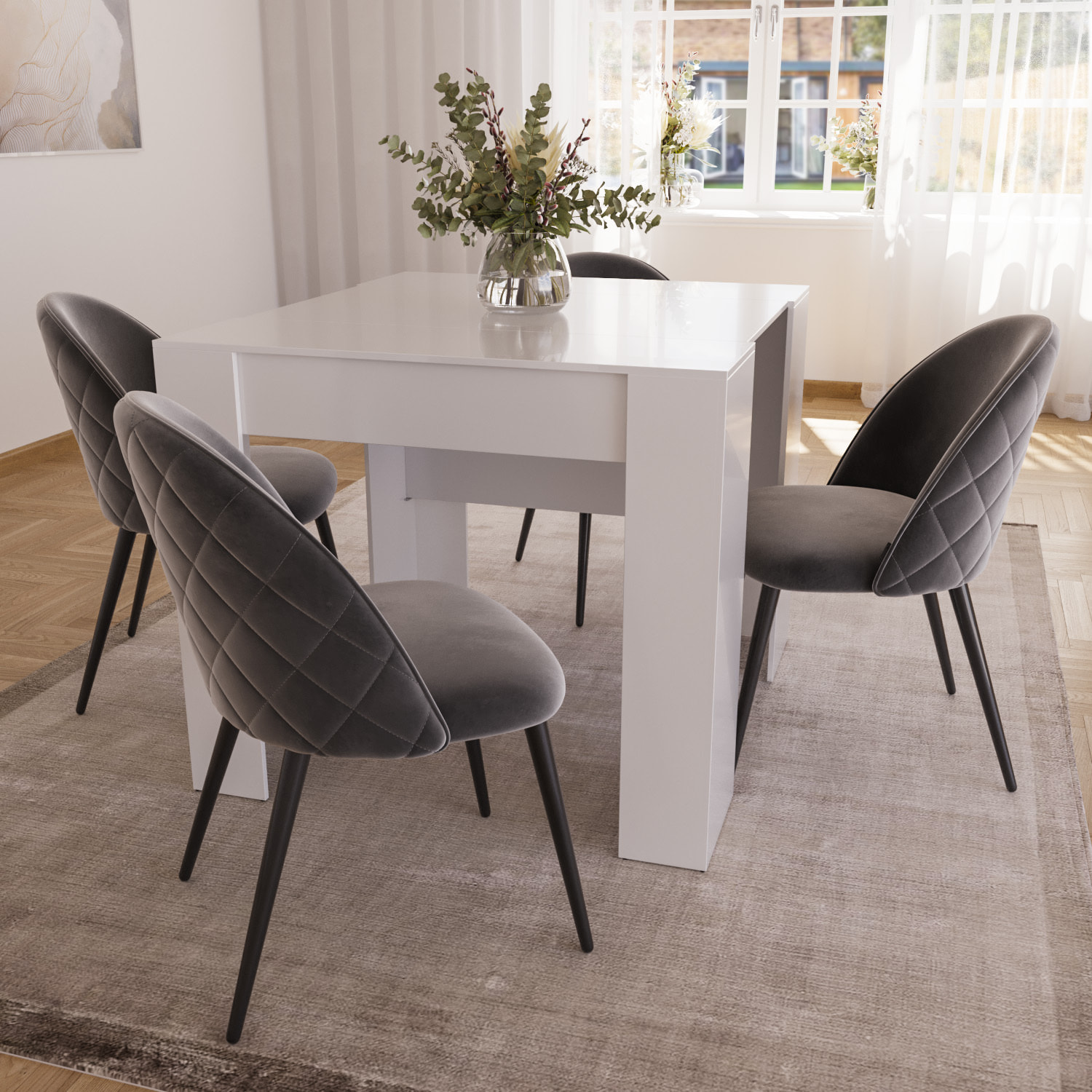 Set di 4 Sedie Imbottite Da Pranzo In Velluto Sedia Gambe In Metallo Nero Schienale Soggiorno Salotto Camera 43 x 47.5 x 80 Cm (Grigio)