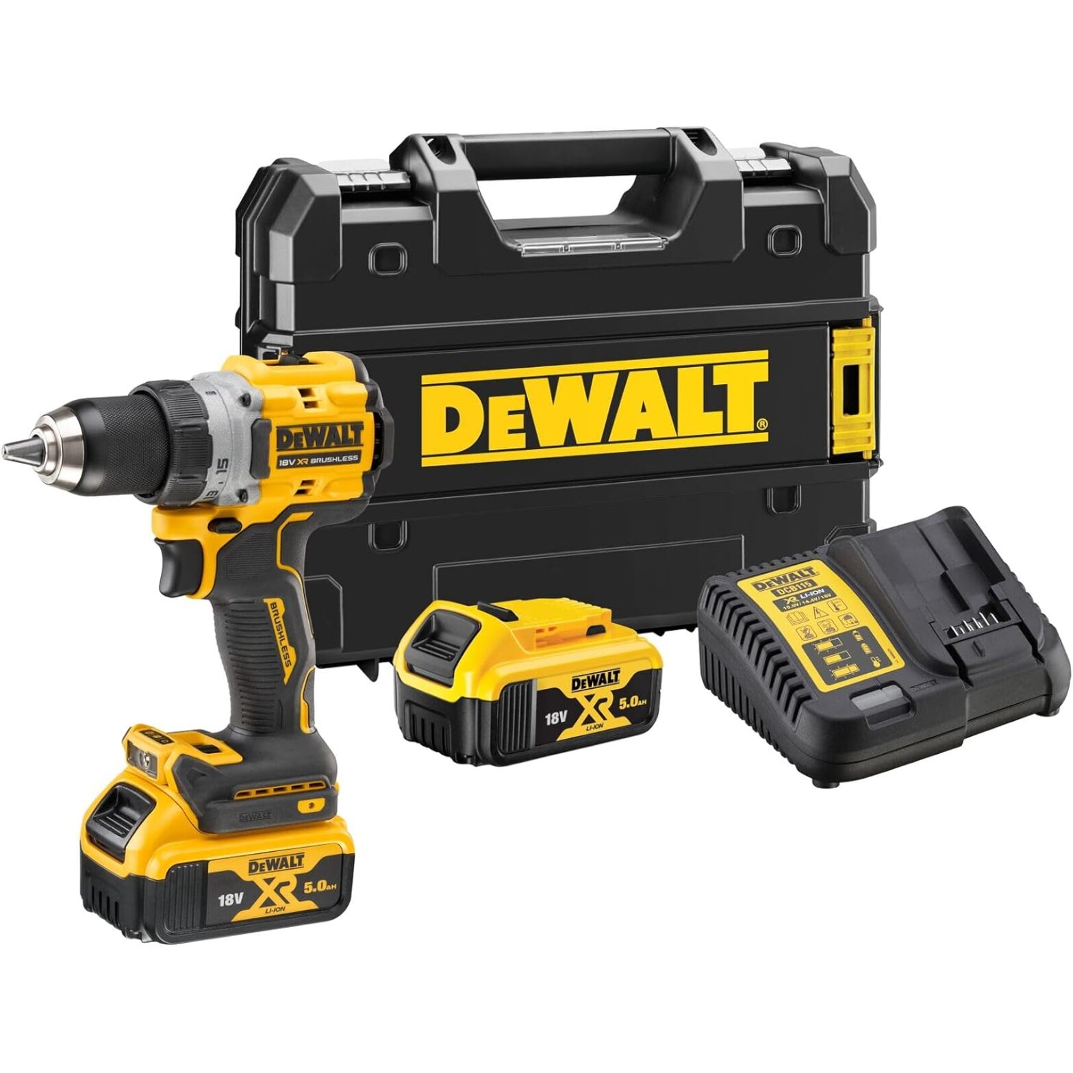Perceuse-visseuse compacte XR 18V avec 2 Batteries 5 Ah, 1 Chargeur en Coffret TSTAK - DEWALT - DCD800P2T-QW