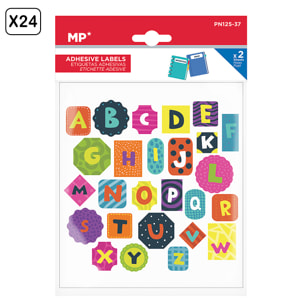 PACK 24 UNITA' ETICHETTE ADESIVE PERSONALIZZABILI DECORATE DESIGN ALFABETICO CON FORME (SET 2 UDS)