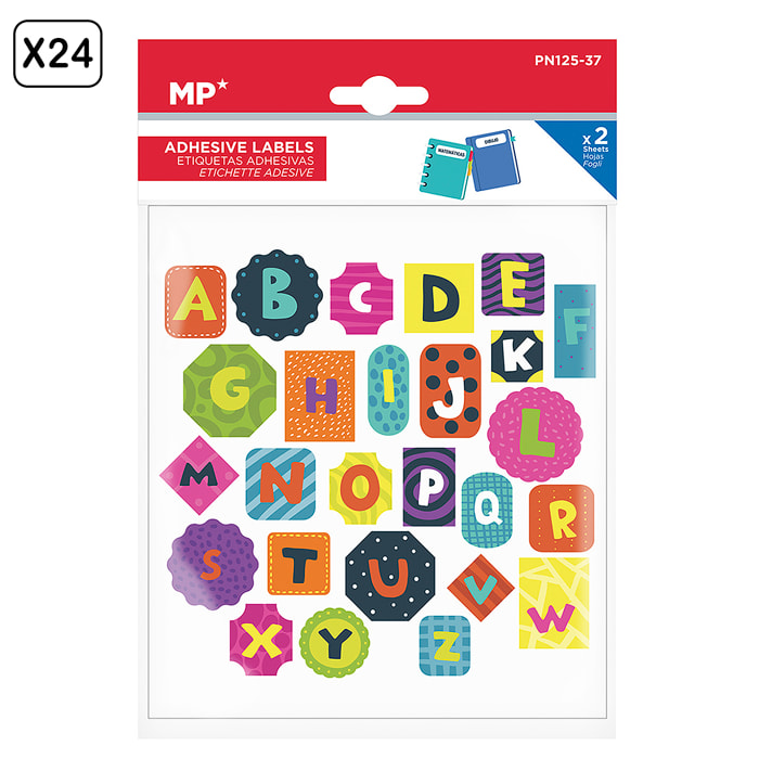 PACK 24 UNITA' ETICHETTE ADESIVE PERSONALIZZABILI DECORATE DESIGN ALFABETICO CON FORME (SET 2 UDS)
