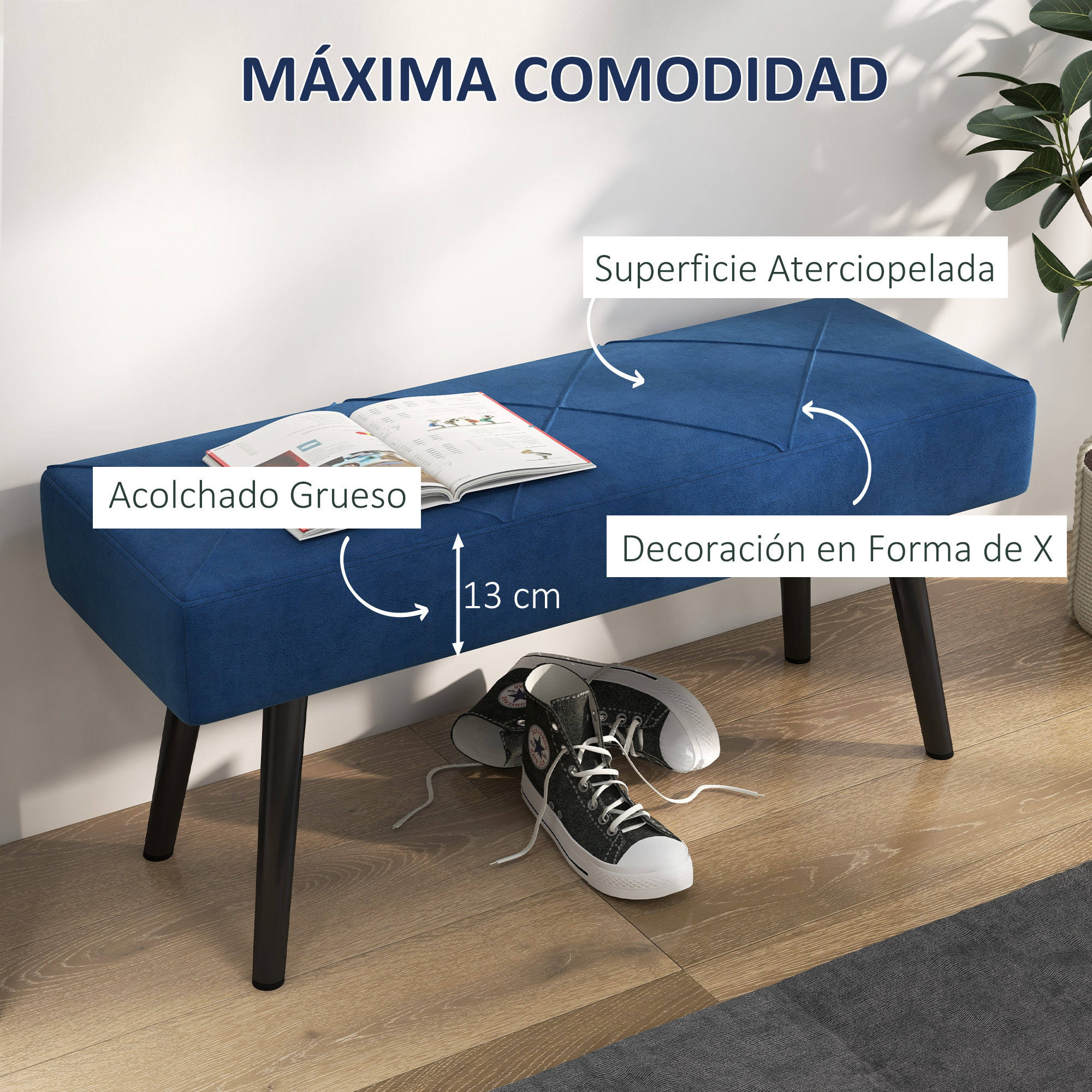 Taburete Pie de Cama Multifuncional Banco Pie de Cama Moderno Banco Dormitorio con Pies de Acero y Asiento Acolchado Carga 120 kg para Entrada Pasillo 100x36x45 cm Azul Oscuro