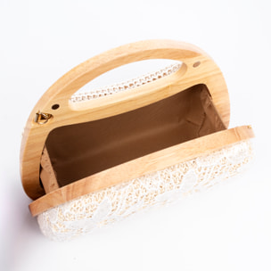 Ausa bolso de mano fabricado en madera natural, con papel trenzado y jute diseño malla de tejido floral