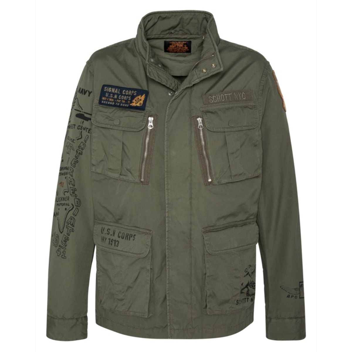 M-1941ARMY M-65 ZIPPERED JACKET WITH PRINTS & BADGESSchott NYCKHAKI