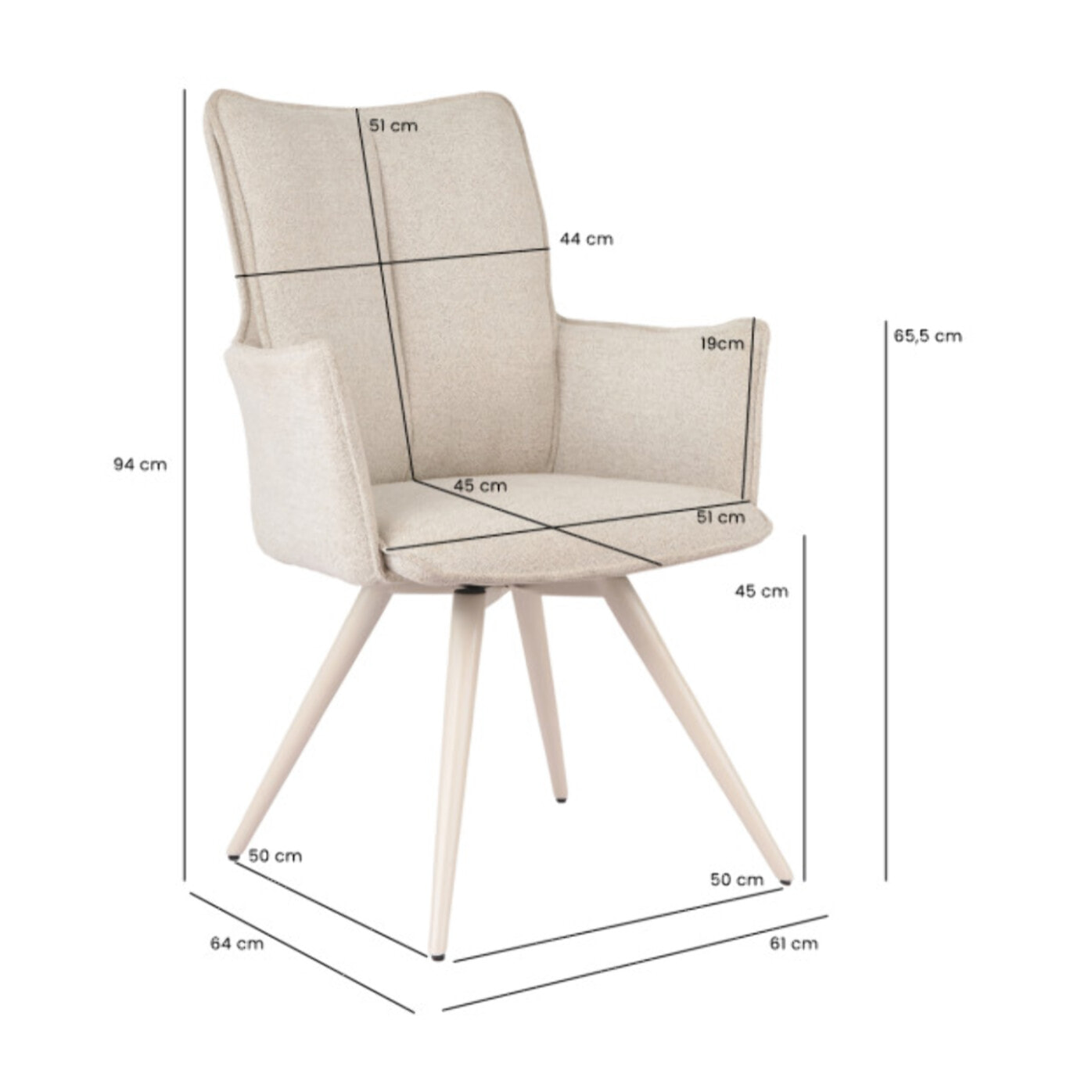 Chaise pivotante 180° avec accoudoirs tissu doux et pieds métal - TOMA