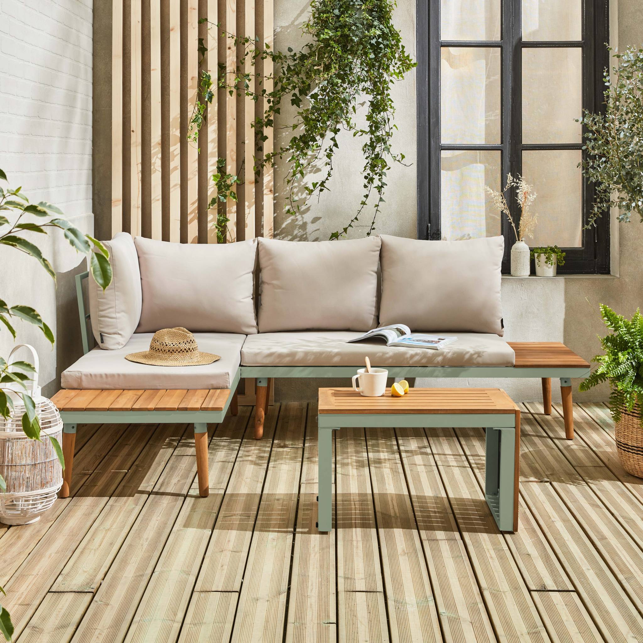 Salon de jardin kaki foncé. modulable en aluminium et bois d'acacia. 4 places. Sao Paulo.140 x 68 x 65cm
