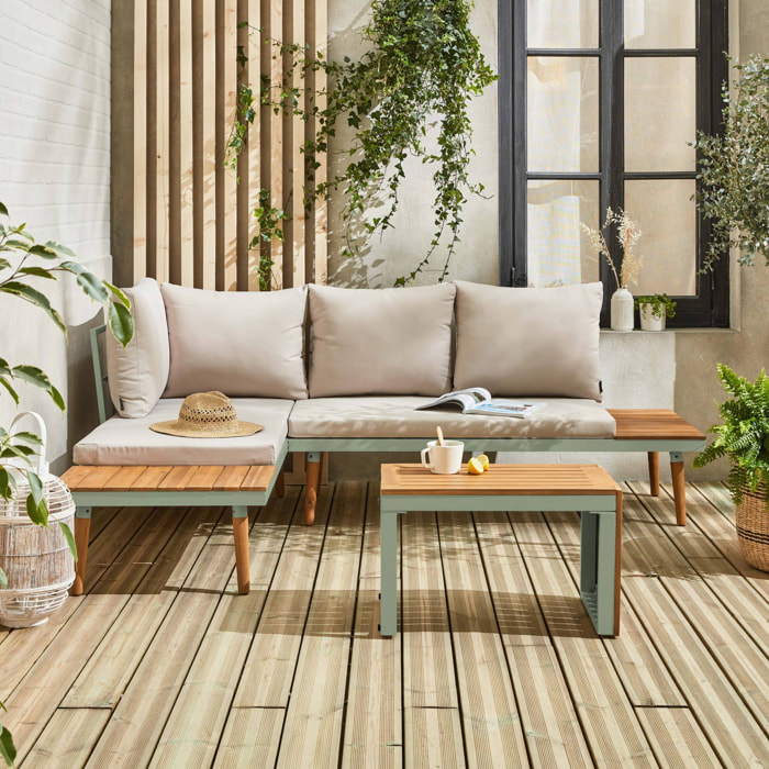 Salon de jardin kaki foncé. modulable en aluminium et bois d'acacia. 4 places. Sao Paulo.140 x 68 x 65cm