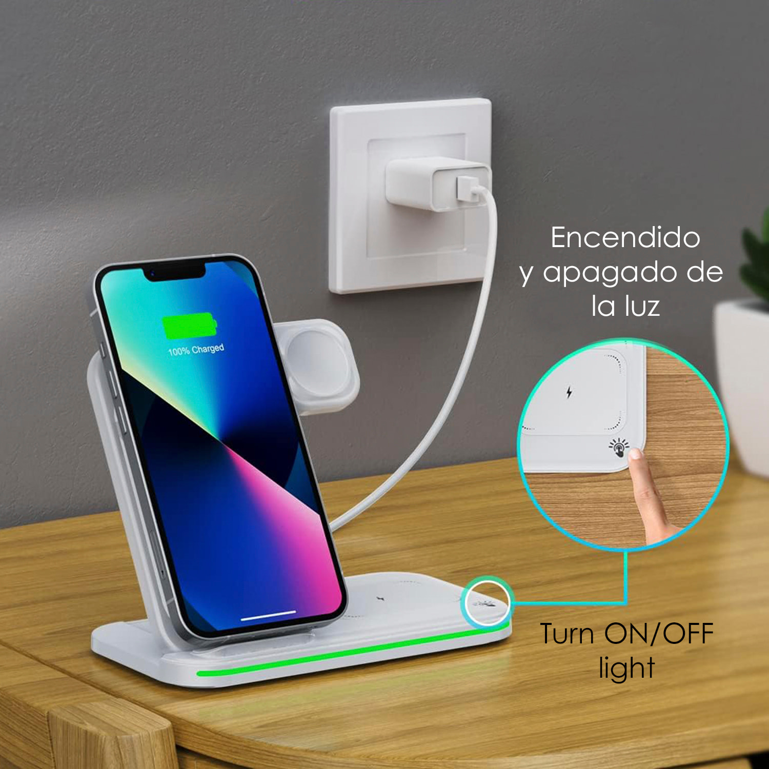 DAM Base de carga inalámbrica plegable 3 en 1. Base Qi 15W doble posición, cargador de Apple Watch y base Qi. Con luz ambiental. Función stand. 15x8,5x11 Cm. Color: Rosa