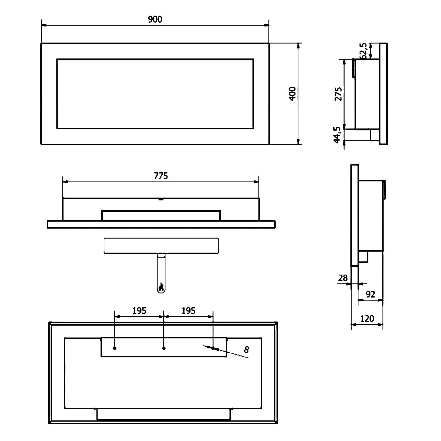 Lucca - Camino a bioetanolo da parete o incasso 90x12xH40 cm