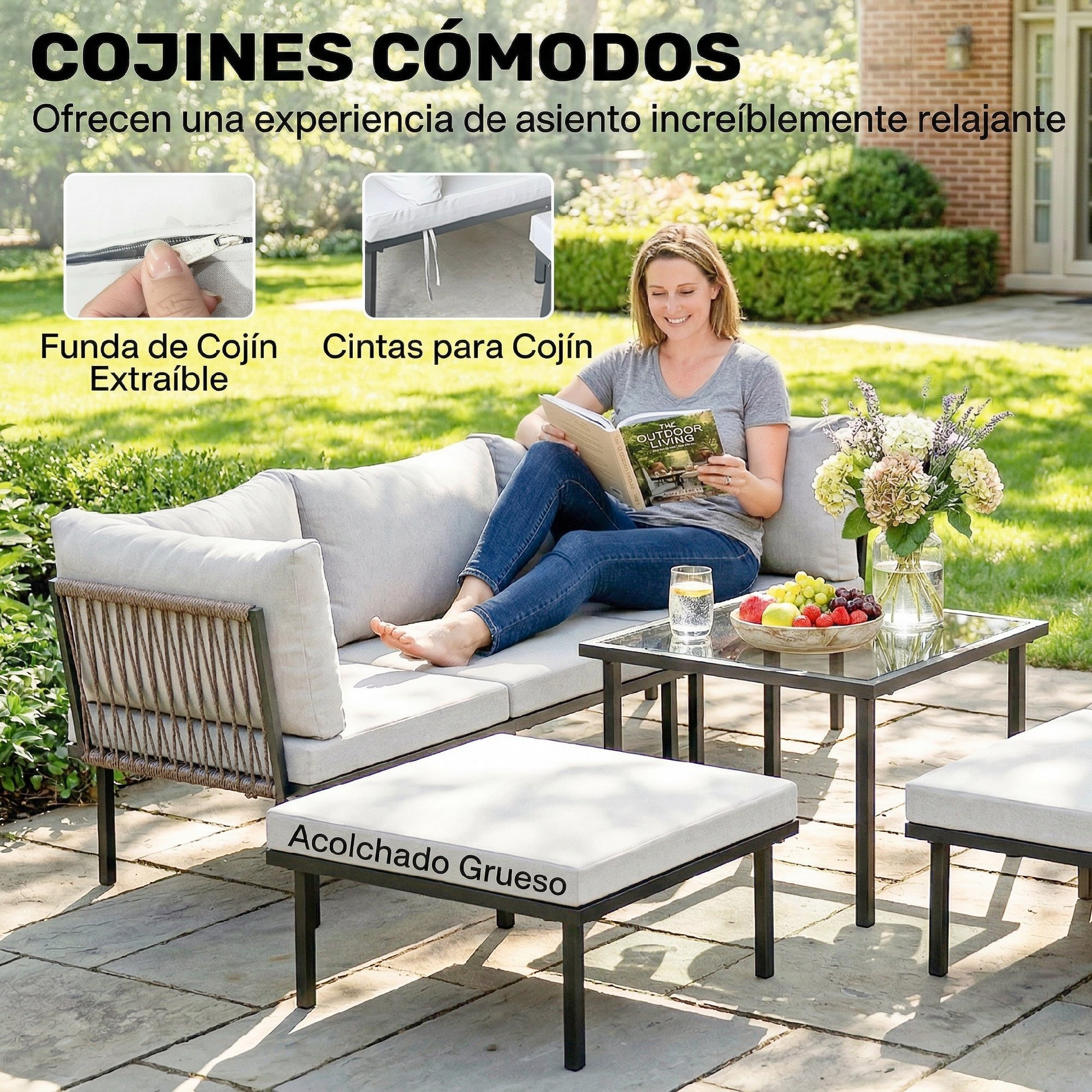Conjunto de Muebles Jardín Exterior de 6 Piezas Sofá Exterior Seccional Forma de L con Sofá de 2 Plazas Módulo de Esquina 2 Sillones Reposapiés Mesa con Tapa de Vidrio y Cojines Gris Claro