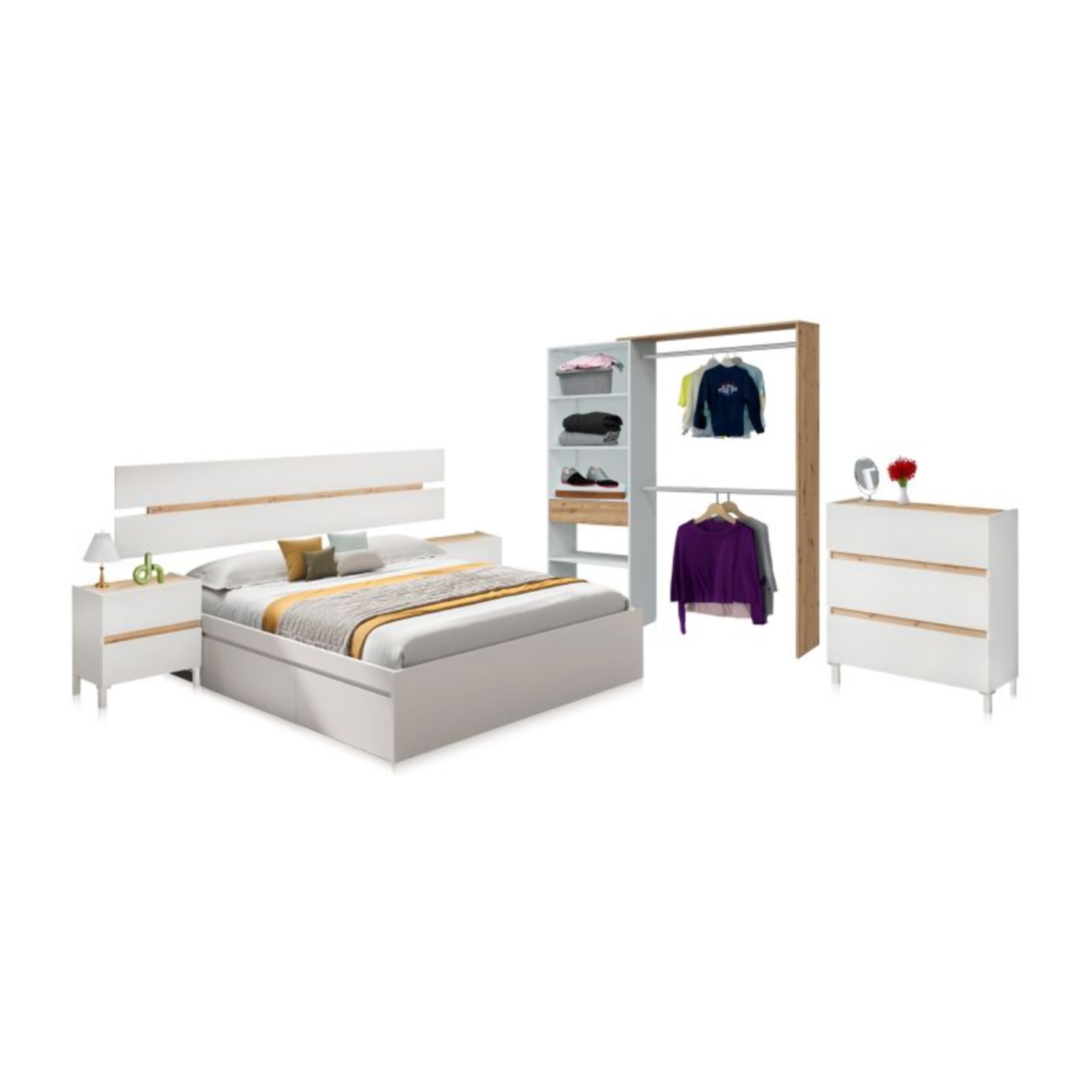 Dormitorio Ezra 3C Max V2 Blanco Artik (Blanco Mate) - Roble Nodi