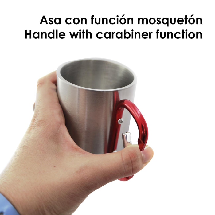 Bastic taza de acero inox de 210ml de capacidad con cuerpo de acabado brillante y asa mosquetón