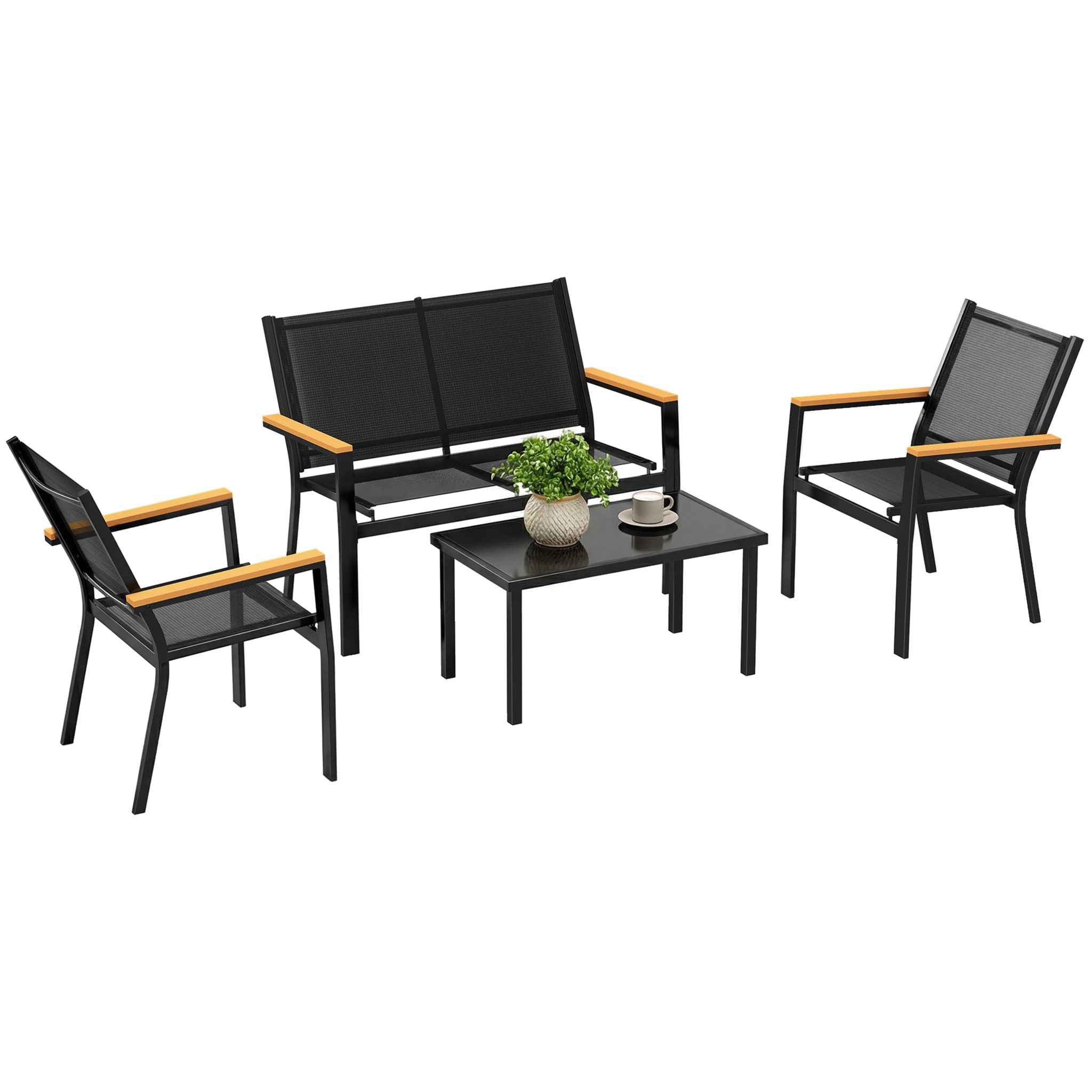 Conjunto Jardín Exterior de 4 Piezas, Muebles Jardín Exterior con Sofá de 2 Plazas, 2 Sillones, Mesa de Cristal Templado, Tela Textilene, Reposabrazos Anchos, Negro