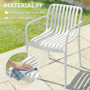 Juego de 4 Sillas de Jardín Exterior Apilables, Sillas Terraza Exterior de PP con Respaldo Curvado, Asiento de Listones, Reposabrazos, 55x58,5x81,5 cm, Blanco