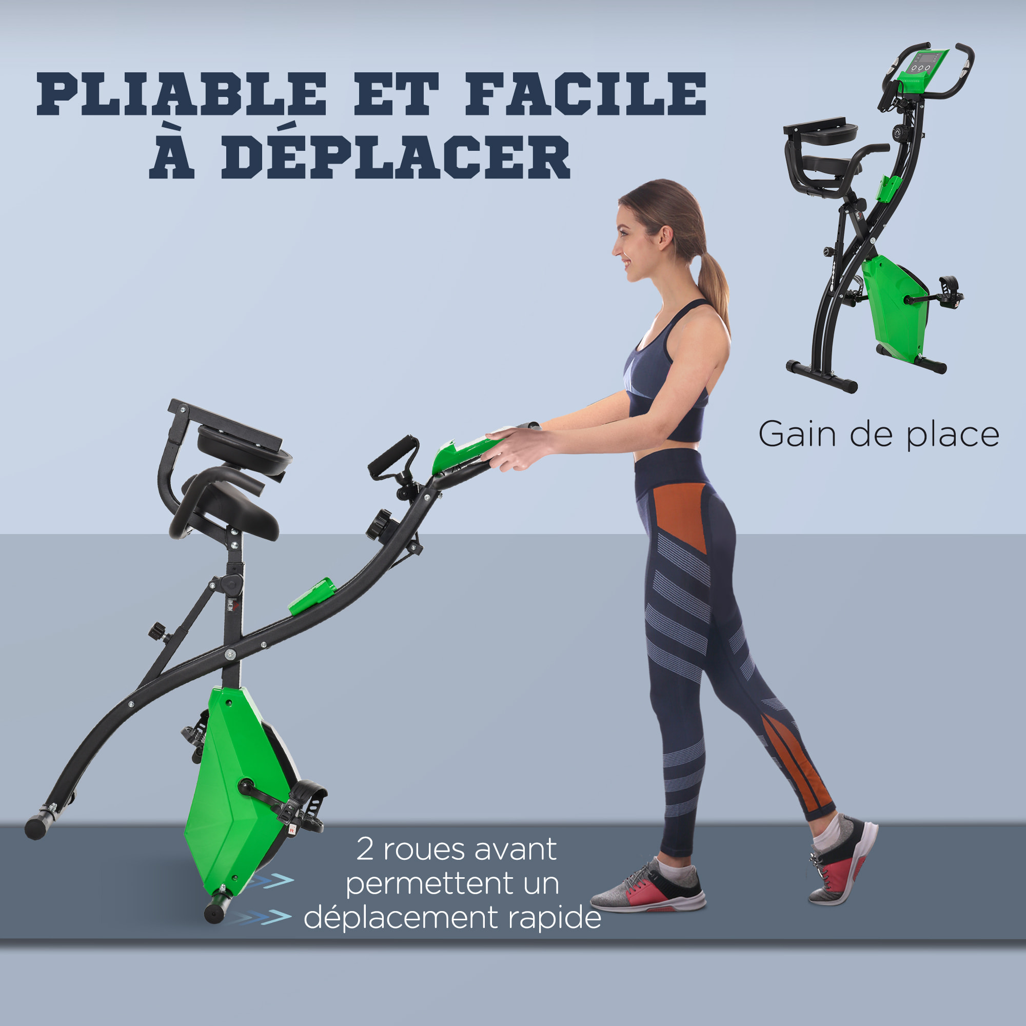 Vélo d'appartement pliant 8 niveaux de résistance magnétique dossier selle réglable poignées ergonomiques écran LCD multifonction suspensions support tablette acier vert noir