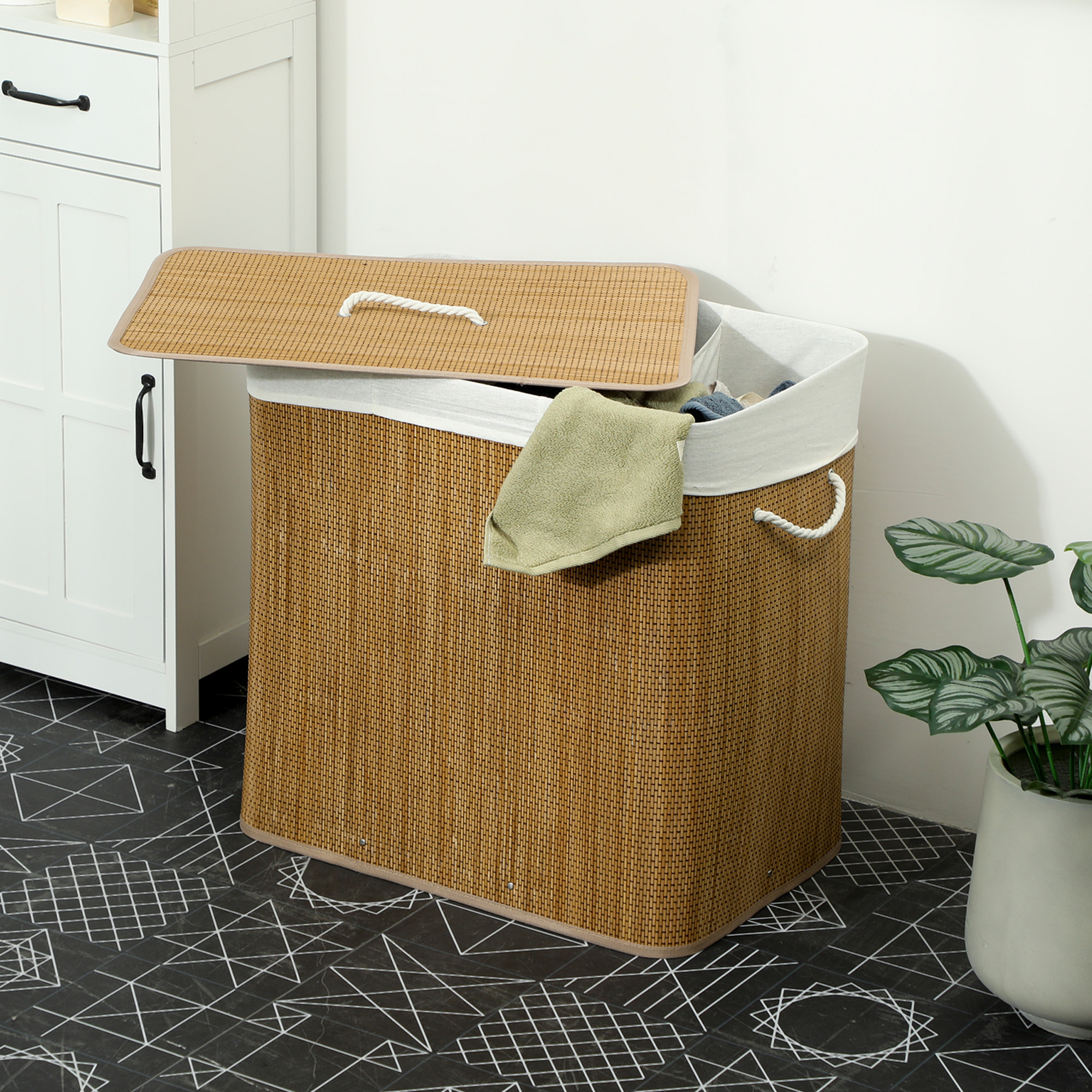 Panier à linge double 144L - corbeille à linge avec couvercle et poignées - tissage bambou naturel