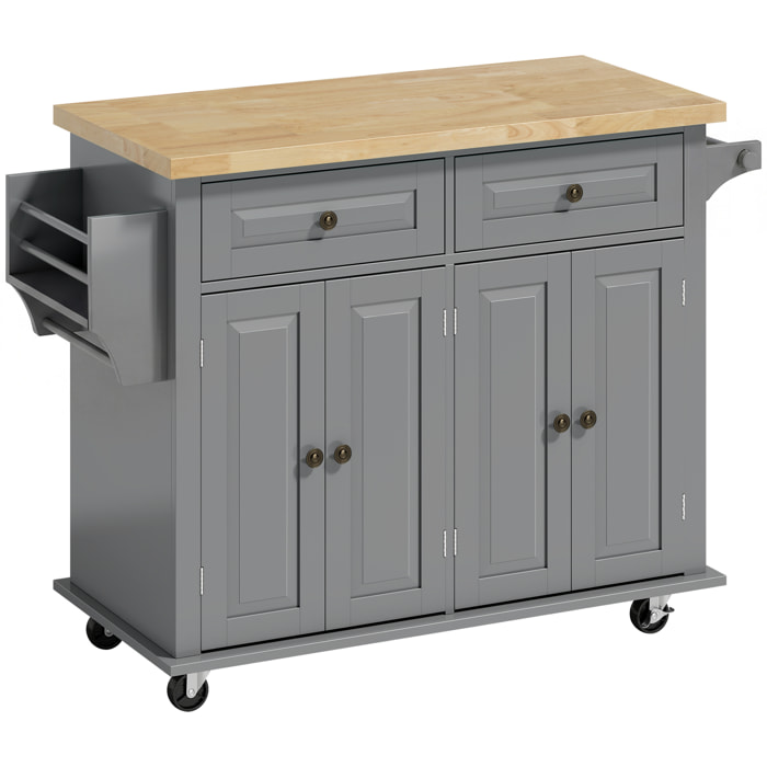 Desserte de cuisine multi rangements 2 tiroirs 2 placard 2 portes étagère range-bouteille porte-torchons MDF gris hévéa