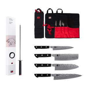 Le Set Nomade Complet Hashi Tsuchime 6 pièces : 4 couteaux (petit + nakiri + santoku + gyuto) + étui 100% coton + fusil à aiguiser