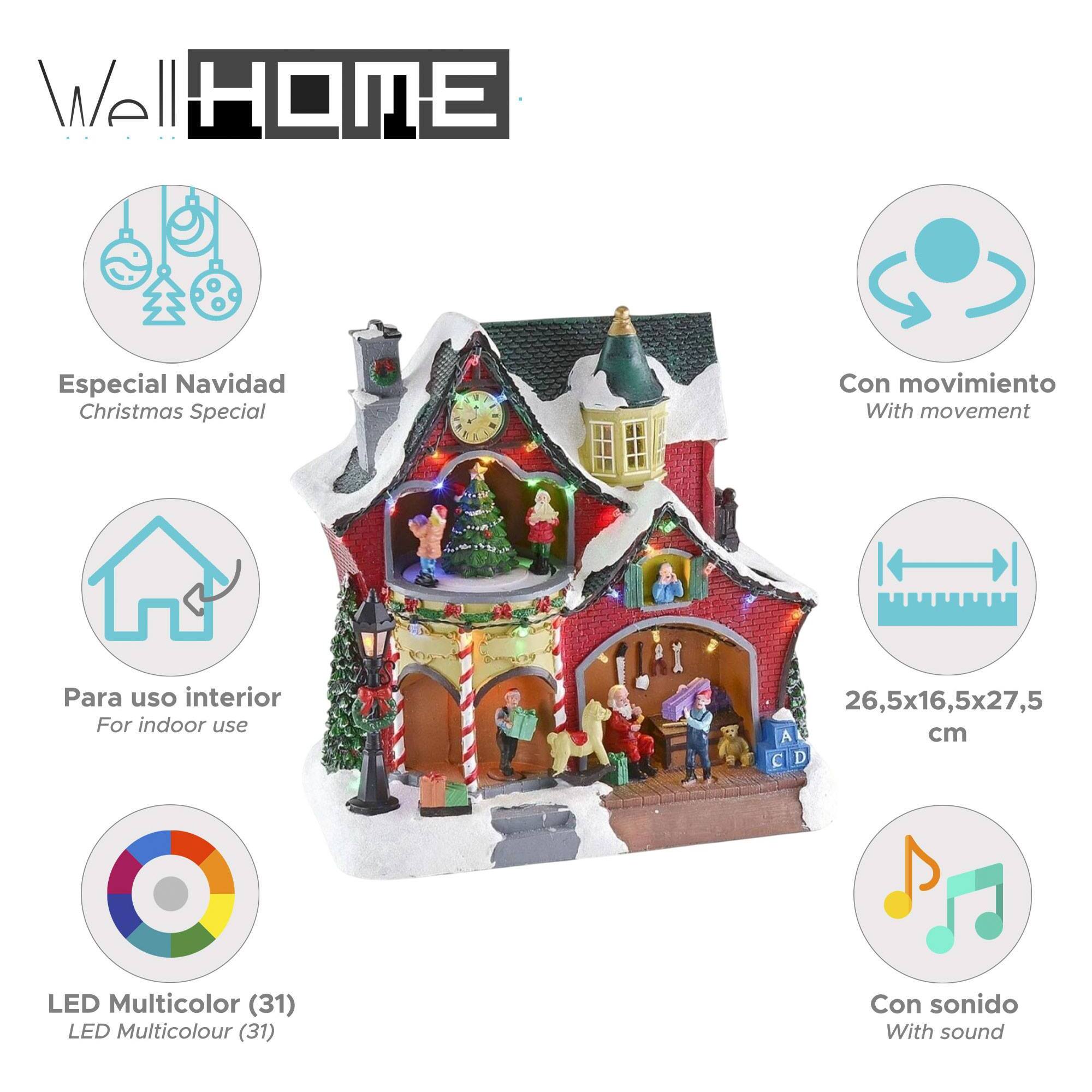 decoración navideña del taller de papá noel con 31 luces led y música 26,5x16,5x27,5cm