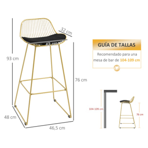 Juego de 2 Taburetes Altos de Cocina Moderno Taburetes de Bar con Cojín de Terciopelo Respaldo y Reposapiés Carga 120 kg 46,5x48x93 cm Dorado