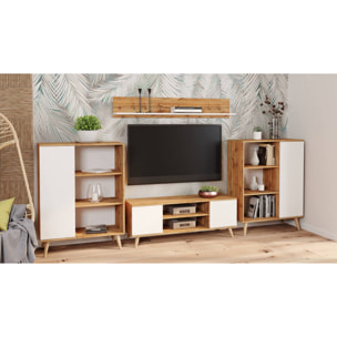 Mobile porta tv con 2 ante e 1 ripiano centrale, Credenza con piedini, Buffet da soggiorno in stile scandi, cm 155x40h50, colore Bianco e Acero