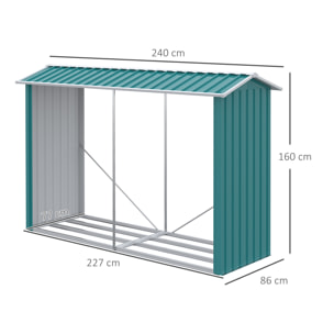 Casetilla para Leña de Acero Galvanizado Leñero Exterior Cobertizo de Almacenamiento de Troncos con Techo para Jardín Terraza Patio 240x86x160 cm Verde