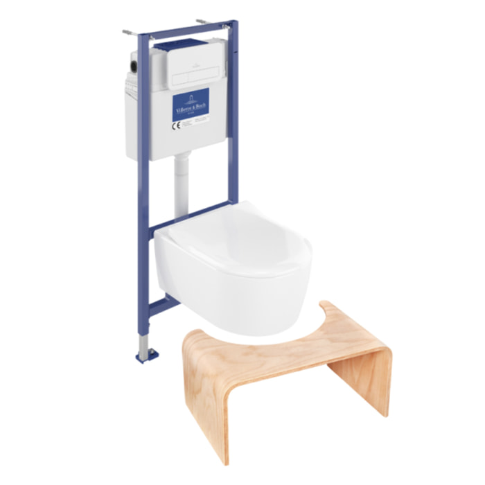Pack WC suspendu sans bride Avento + Bâti support ViConnect Pro + abattant frein de chute + plaque blanche  + Tabouret bois