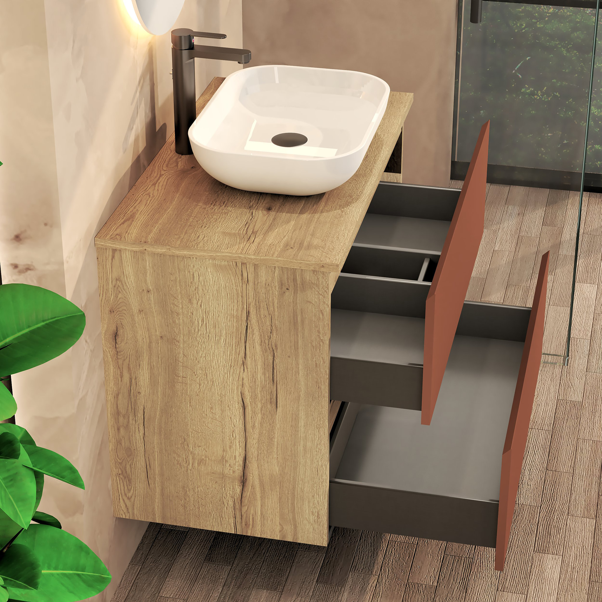 CONJUNTO DE BAÑO NIA | MUEBLE SUSPENDIDO | 80 CM SCARLATO | DOS CAJONES | LAVABO SOBREPUESTO | NO INCLUYE ESPEJO | MUEBLE MONTADO| ALDAY