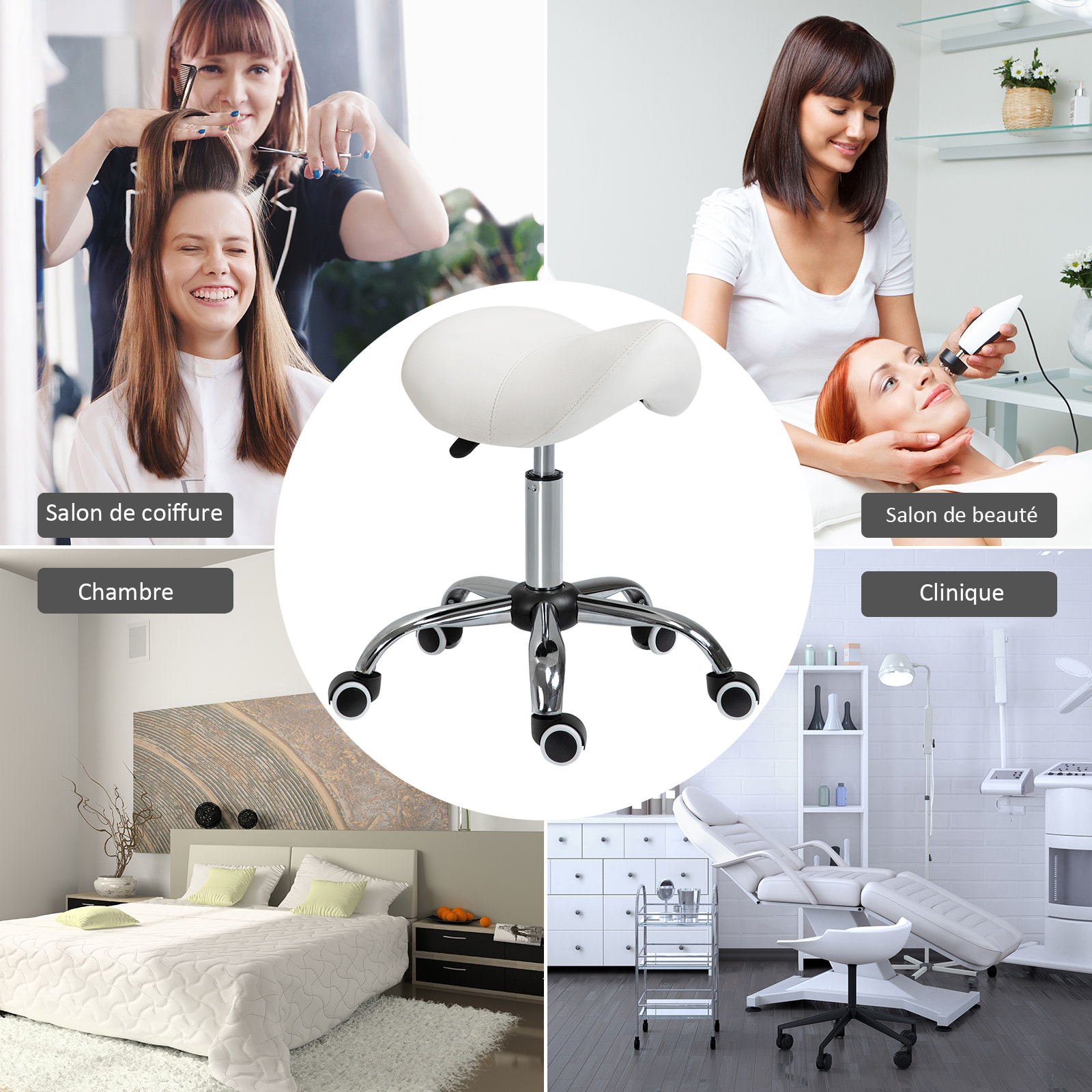 HOMCOM Tabouret de massage tabouret selle ergonomique pivotant 360° hauteur réglable revêtement synthétique blanc chromé