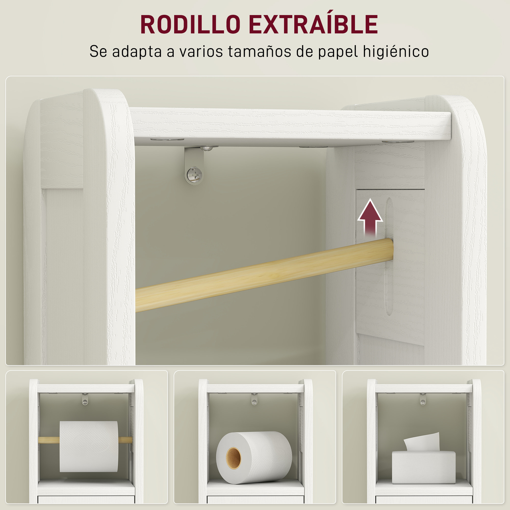 Armario de Baño Estrecho Mueble Auxiliar de Baño 21x20x79 cm con Estante Ajustable Portarrollos de Papel Extraíble y Puerta con Panel Arqueado para Espacios Pequeños Blanco