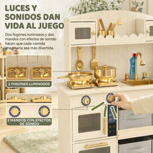 AIYAPLAY Cocina de Juguete de Madera con Luces y Sonidos, Cocinita Infantil con 4 Cestas de Tela, 12 Accesorios, 2 Fogones, Microondas, Fregadero, Grifo, 3-6 Años, Crema