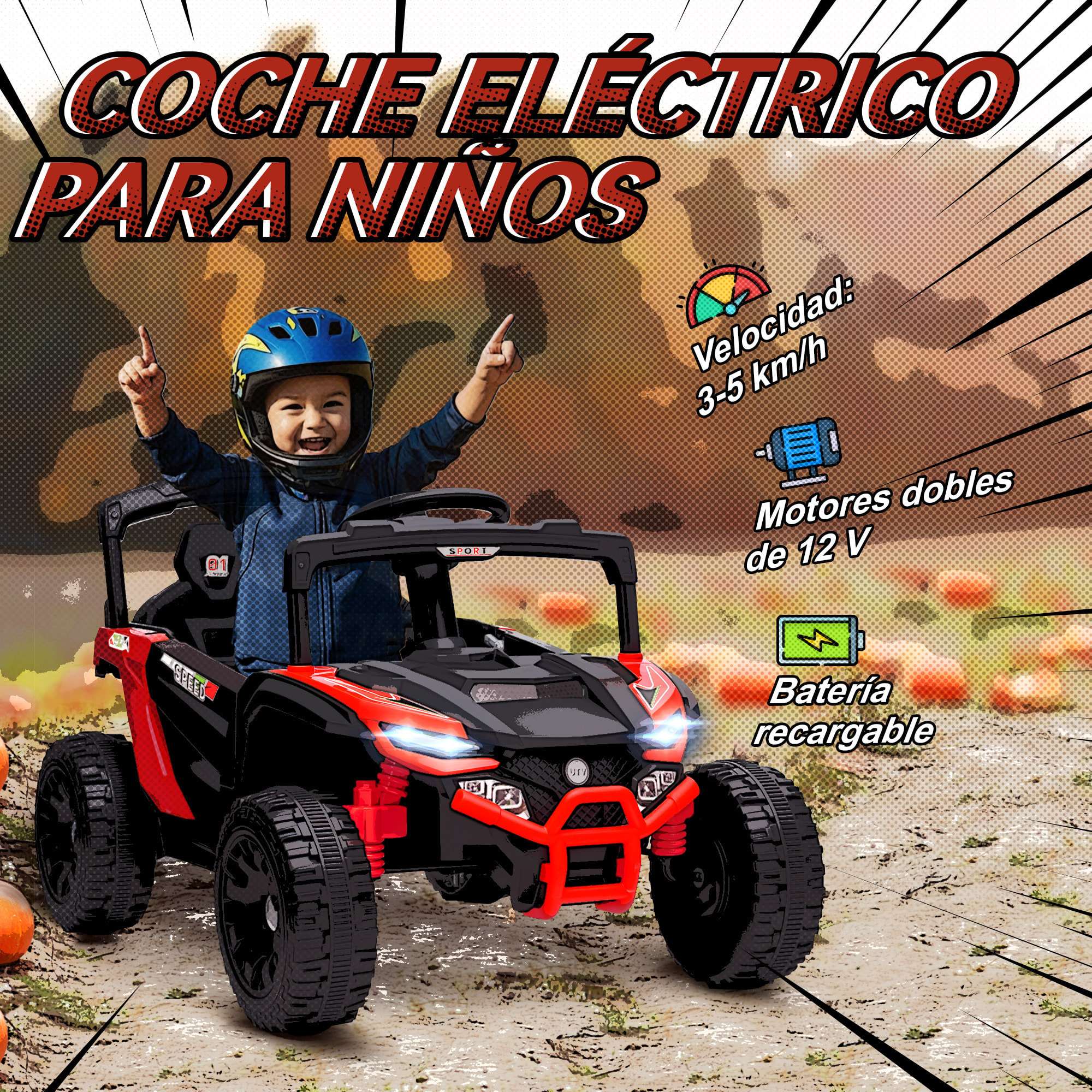Coche Eléctrico para Niños 12V, Coche de Batería UTV con 2 Motores, Control Remoto 2,4G, 3-5 km/h, Suspensión Trasera, Faros, Música, para Niños de 3-5 Años, Rojo