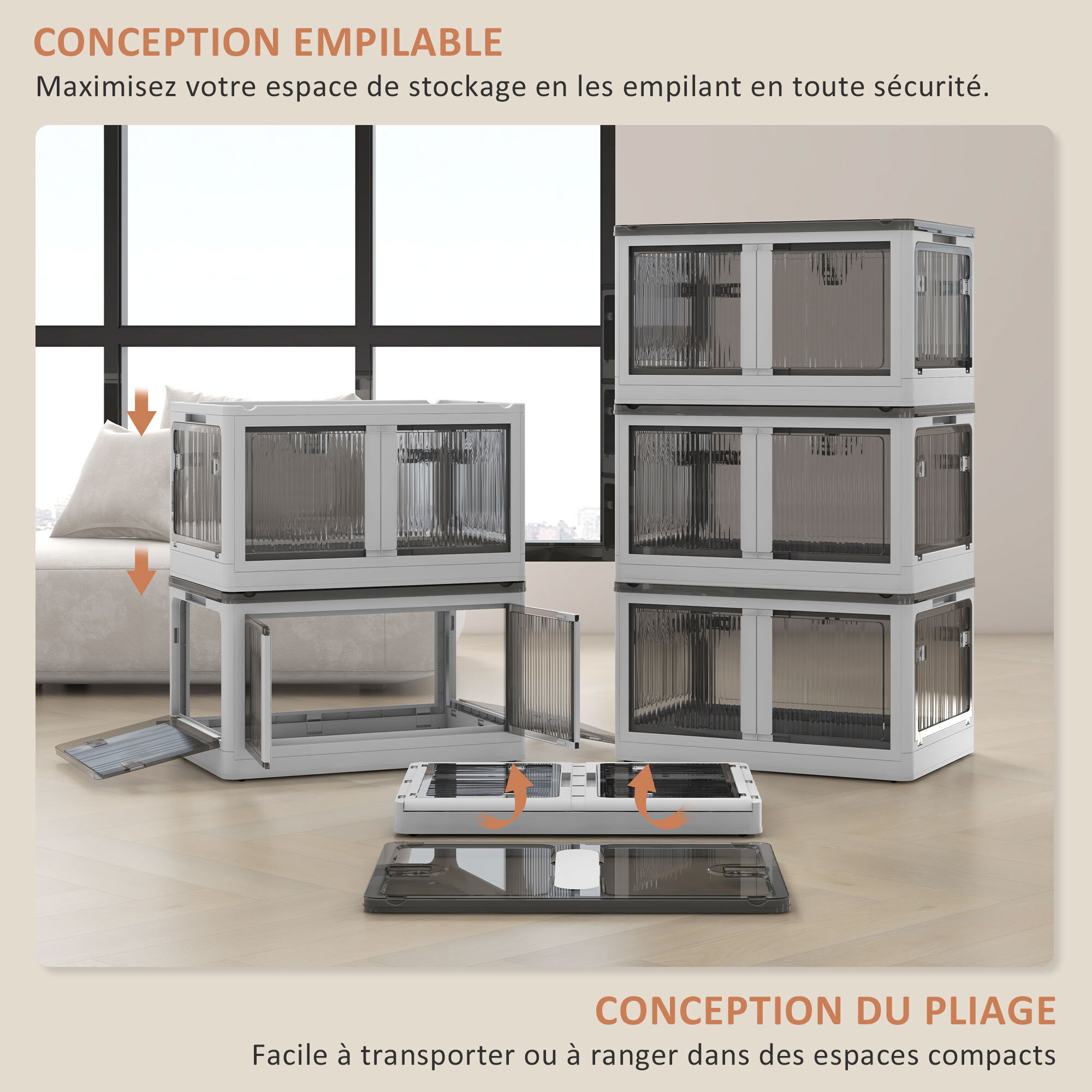 Ensemble de 3 boîtes de rangement 69L pliables empilables - couvercle, roulettes - blanc gris