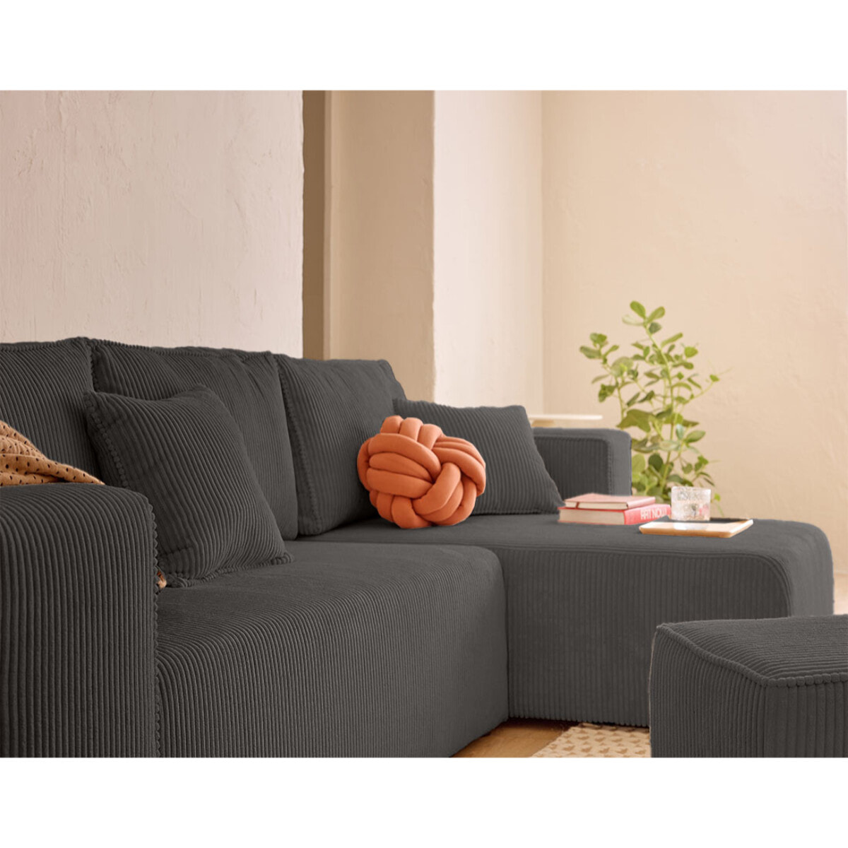 Topaze - canapé d'angle réversible 4 places - convertible avec coffre, tablette et poufs - en velours côtelé - Gris